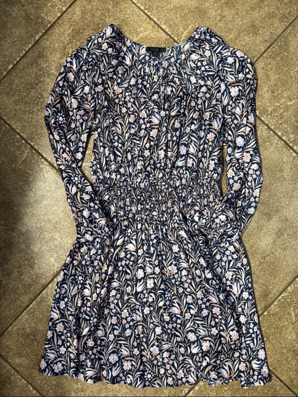 J Crew Floral Navy Long-Sleeve Smocked Waist Dress
